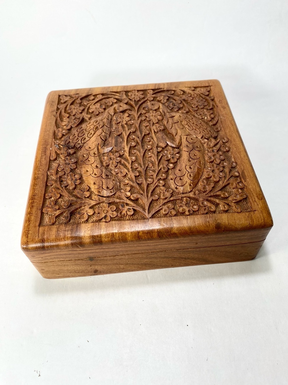 Cost Plus World Market Carved Bird Floral Motif Wooden Spice Box or Jewelry Box